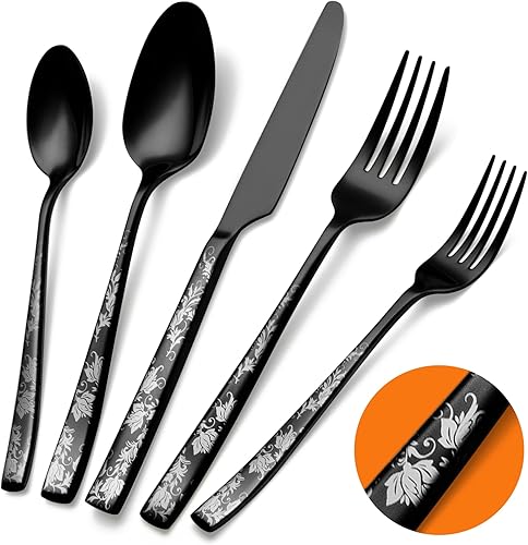 Juego de cubiertos negros para 8, 40 piezas de acero inoxidable de alta calidad, juego de cubiertos negros pulidos con mango de diseño, moderno