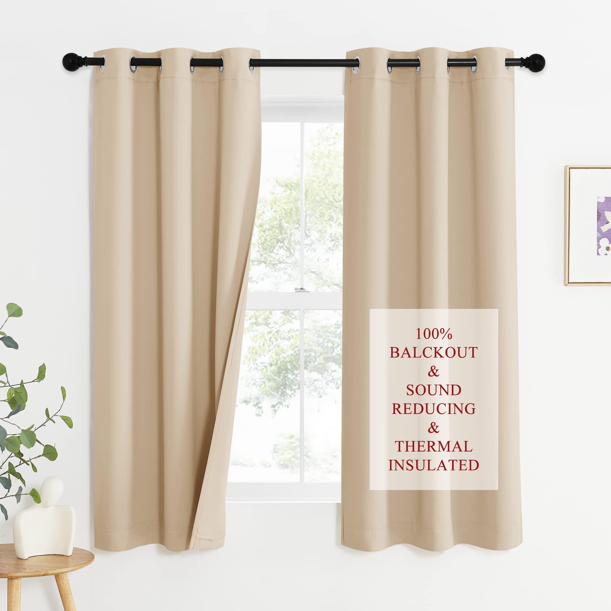 NICETOWN Bedroom Full Blackout Curtain Panels, Super Thick Insulated Window Covers, Complete Blackout Draperies with Noise Absorb Liner for Short