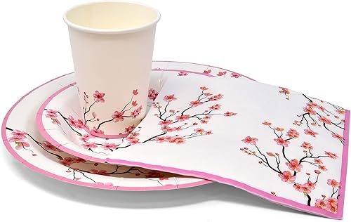 Miniatura 3 de Gift Boutique Juego de 96 piezas de suministros de fiesta de flor de cerezo rosa, plato de papel, vaso, servilleta, flores florales de primavera,