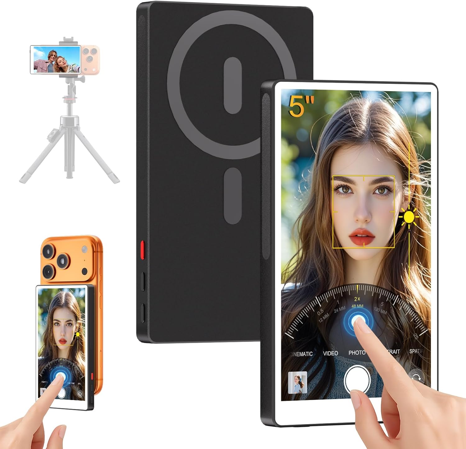 5" Touch Back Camera Monitor iPhone 17, Magnetic Selfie Monitor Screen iPhone, Wireless Screen Mirroring, Back Camera Selfie Monitor with Headphone Jack,2600mAh for Vlog,Snaplylens for iPhone,Android