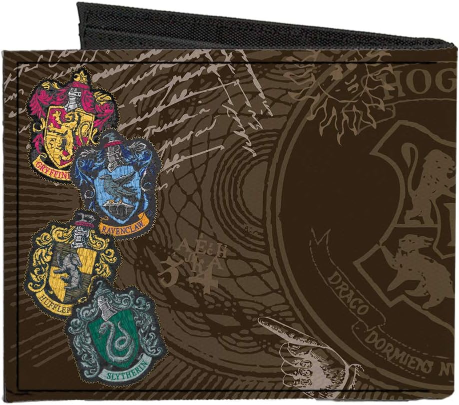 Wallet Bifold Canvas Hogwarts Symbols Collage House Badges Browns Multi Color