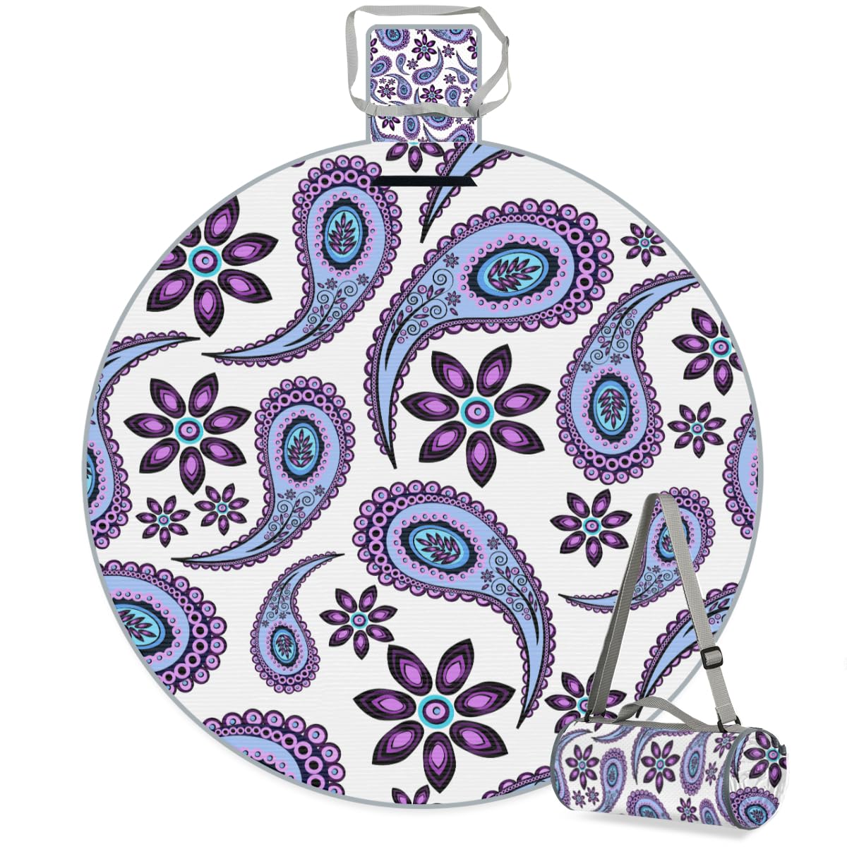 Shimoshe Abstract Paisley Floral Picnic Outdoor Blanket Foldable Waterproof Sandproof Beach Blanket Portable Water-Resistant Round Picnic Mat for Travel Camping Park Lawn