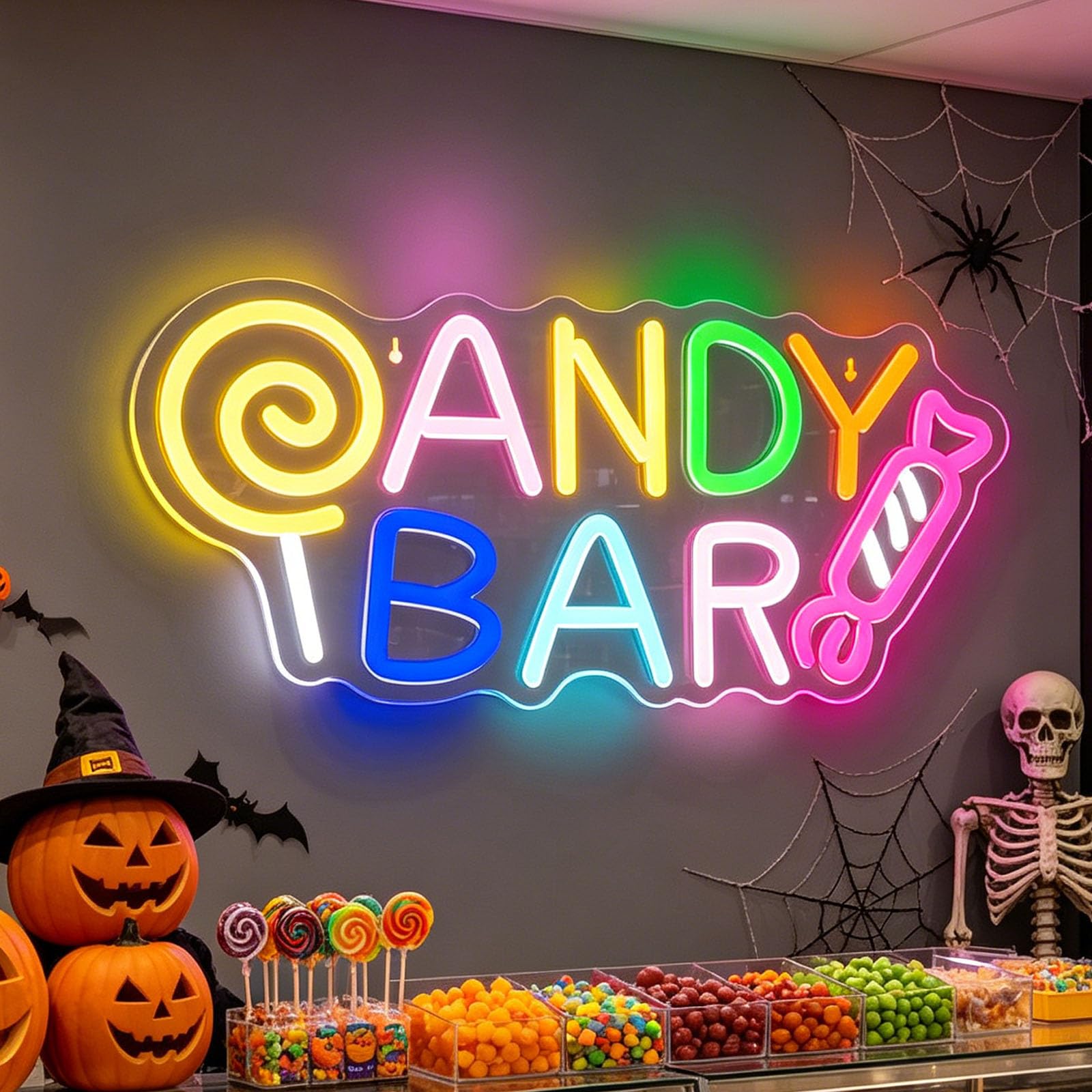 Candy Bar LED Neon Signs Halloween Theme Multicolored Decorations Neon Wall Art Acrylic LED Signs USB Powered Dimmable LED Neon Lights for Living Room Wedding Snack Shop (D 16.5 in × W 7.7 in)