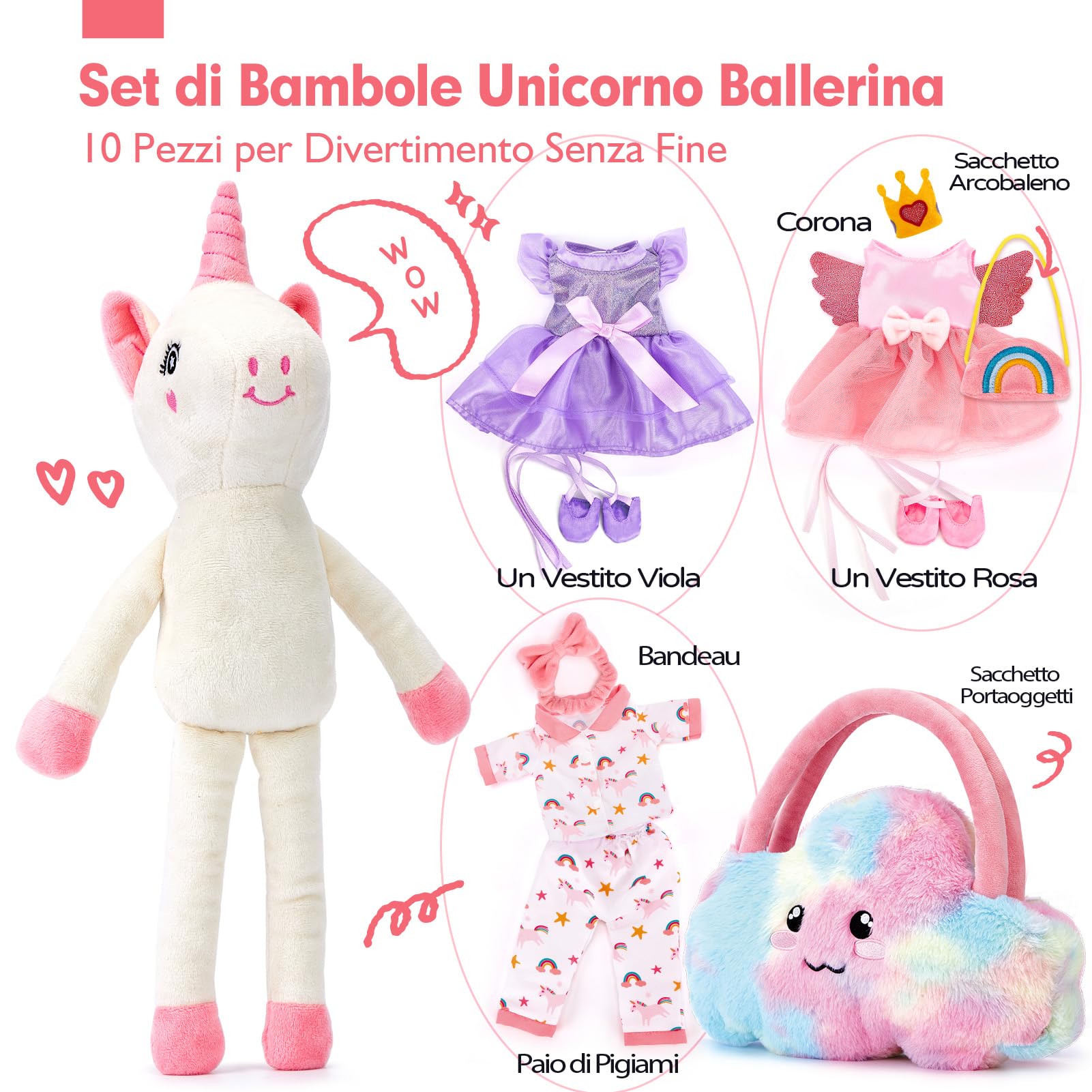 hahaland Regalo Bambina 3-6 Anni, 10 PCS Set di Unicorno Bambina Regalo con Unicorno Peluche, Borsa e 3 Abiti, Vestire la Bambola Giochi Bimba 3 4 5 6 Anni Femmina