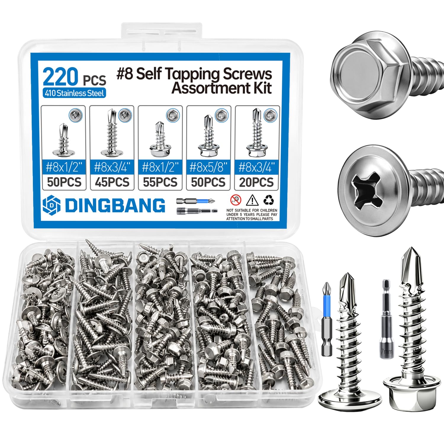 220Pcs 410 Stainless Steel Self Tapping Screws #8X(1/2", 5/8", 3/4"), Hex&Truss Head Sheet Metal Screws