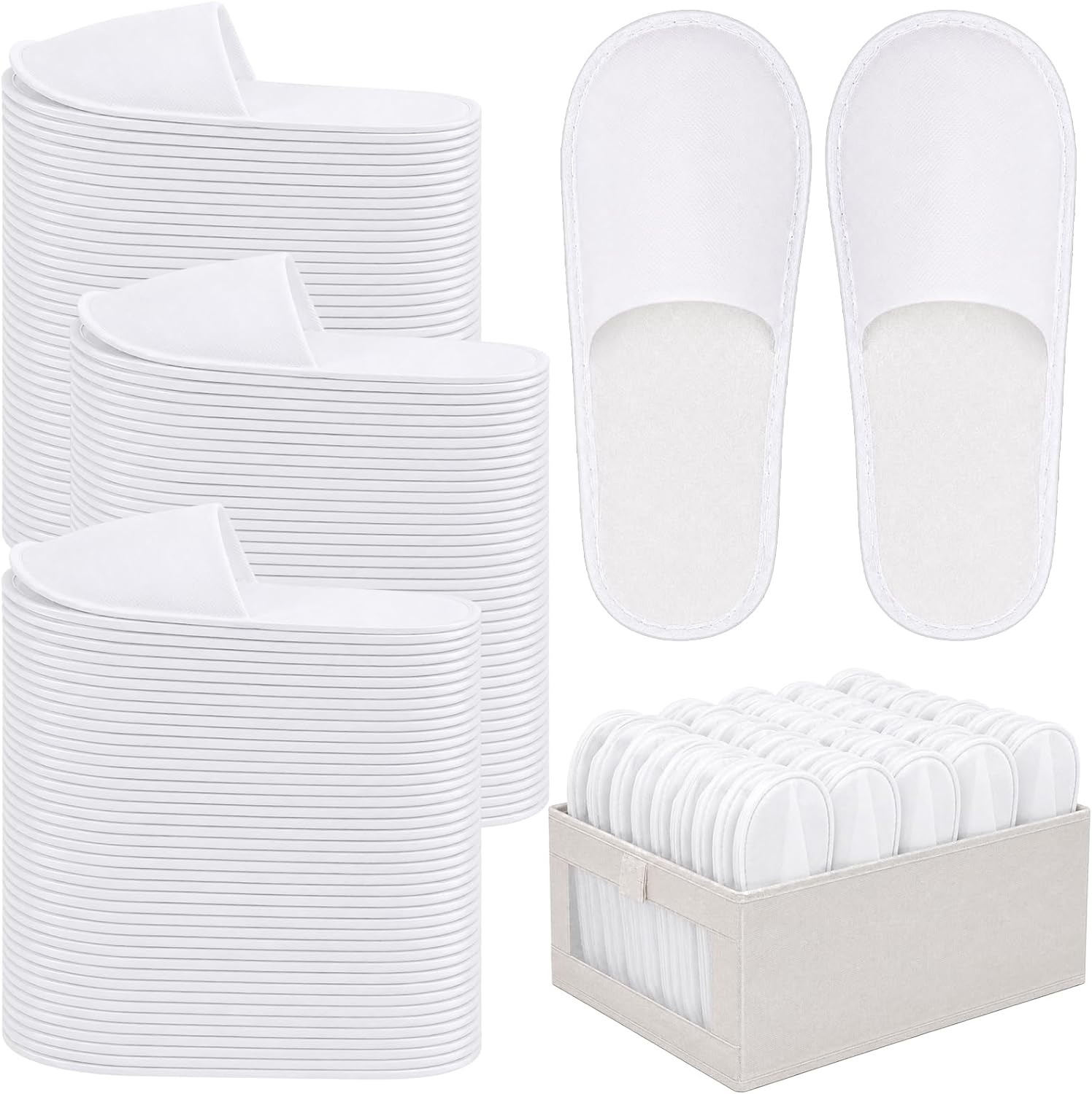 50 Pairs Disposable Slippers for Guests Bulk with Folding Storage Box, 11 Inch White Non-Slip Hotel Slippers, Individually Wrapped House Slippers for Men Women Travel, Spa, Home, Wedding
