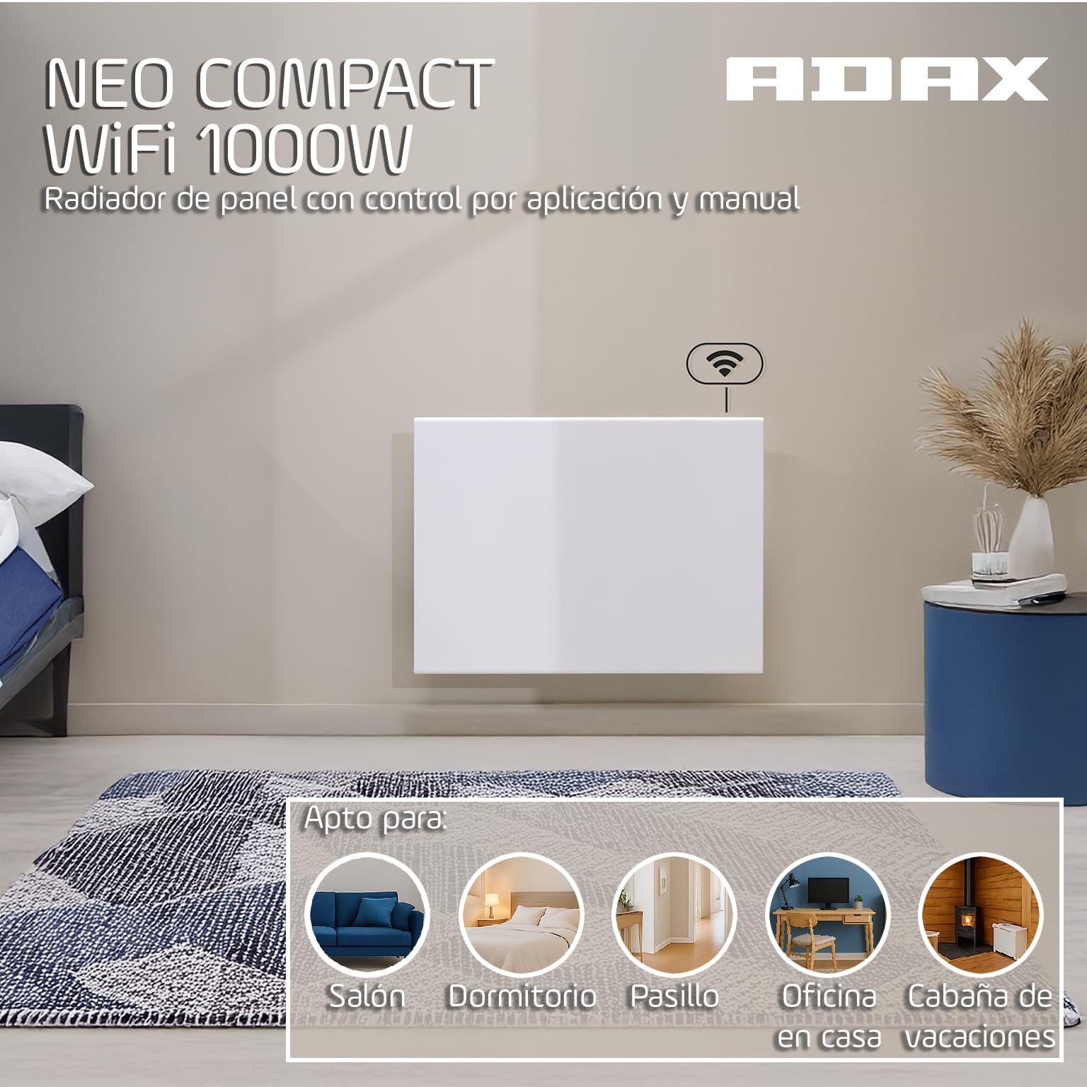 ADAX NEO Compact - Convector de pared con termostato por Wifi - 1000W | Bajo consumo | Calefacción eficiente y segura | Radiador eléctrico moderno y elegante | 420mm de altura | IP24C | Blanco
