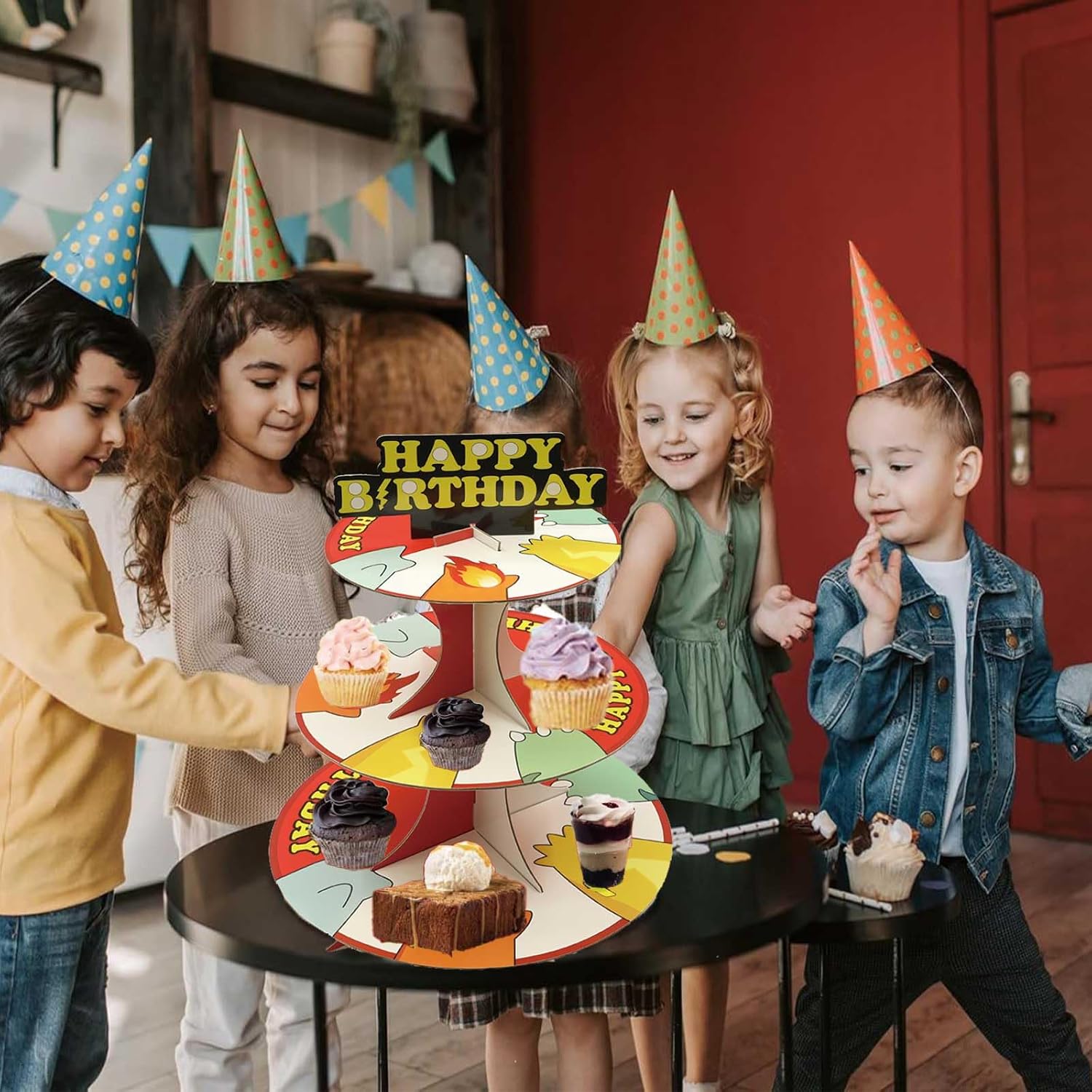 Cartoon Monster Round Cardboard Cupcake Stand for Table Decorations Cupcake Toppers 3-Tier Cake Stand for Red Yellow Ball Birthday Party Decorations Supplies