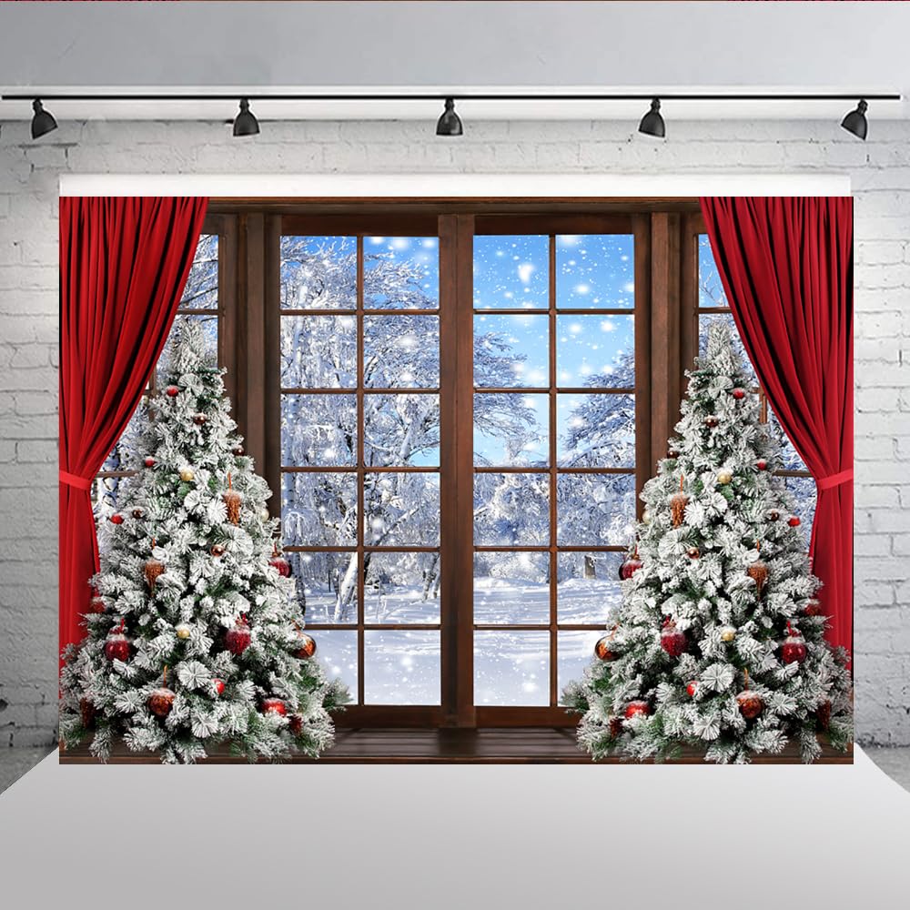 Christmas Backdrops For Photography 10x8ft - Winter Forest Scene With Snowy Trees & Barn Door Christmas Photography Backdrop