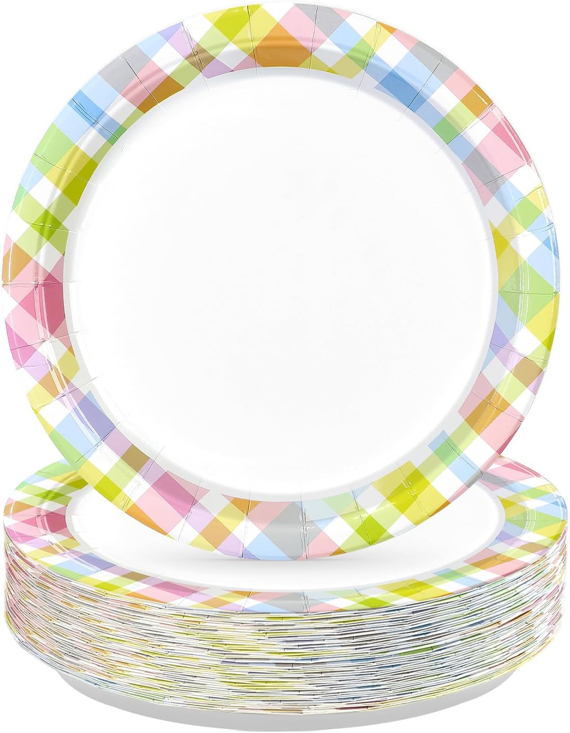 50Pcs Easter Gingham Paper Plates 10"" Large Colorful Pastel Checkered Dessert Plates Disposable Easter Buffalo Plaid Check Party Supplies for Spring Picnic Wedding Birthday Party Decorations