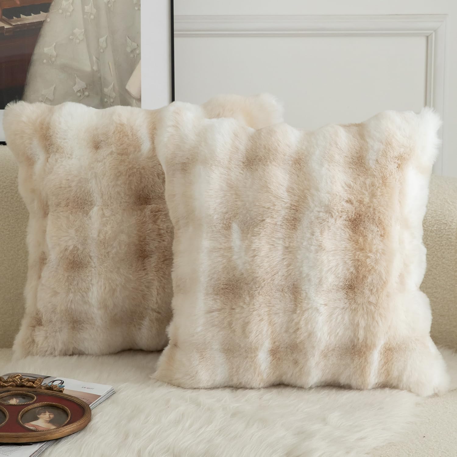 MANDIOO Pack of 2 Thick Plush Wool Decorative Throw Pillow Covers Super Soft Wave Bubble Fur Velvet Cushion Covers Pillow Shams for Couch Bed Living Room 26x26 Inch White Beige