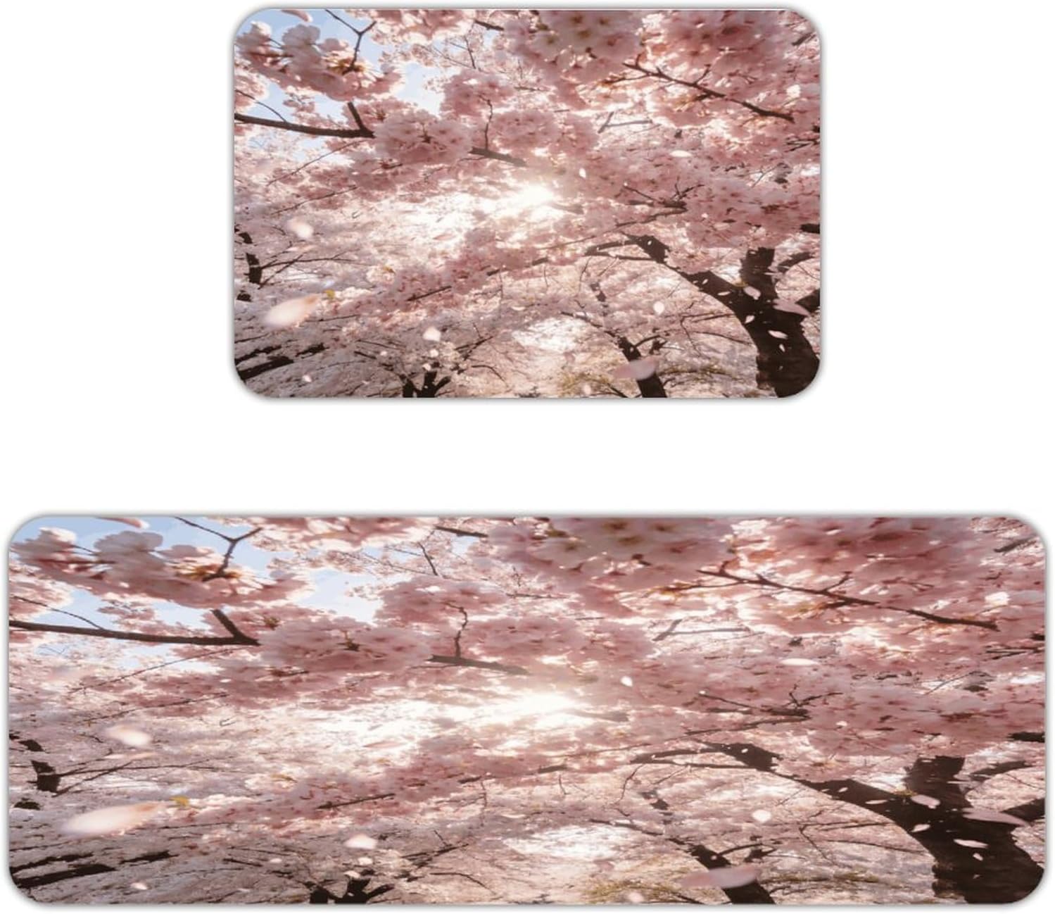Cherry Blossoms Pink Kitchen Mats for Floor 2PCS Kitchen Rugs 16"x24"+17"x47" Comfort Non-Slip Standing Desk Mat Sets Absorbent Entrance Runner Rugs Farmhouse Anti Fatigue Mat