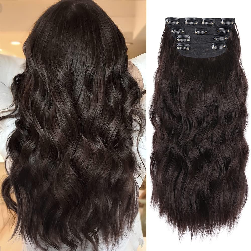 ZQIAN BEAUTY 4Pcs Clip in Hair Extensions, Long Wavy Synthetic Hair Extension Clip in, 20 Inches Dark Brown Hair Extensions for Women (Color:Dark Brown with a Slight Auburn Luster)