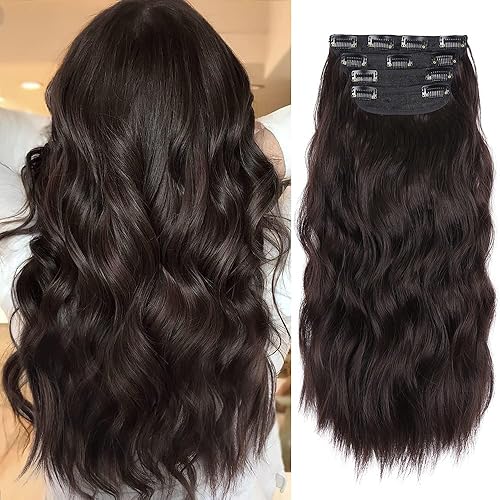 4 extensiones de cabello castaño oscuro, extensiones de cabello con clip de 20 pulgadas, extensiones de cabello sintético largo y rizado con clip,