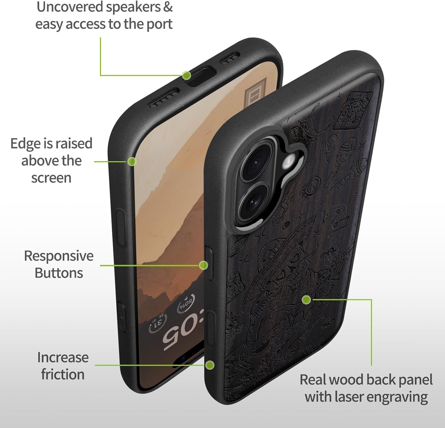 Carveit Magnetic Wooden Case for iPhone 16 Case, Wood Artisan Engraved & Black Soft TPU Shockproof Cover, Compatible with MagSafe Wireless Chargers (Skeleton with Guitar) Blackwood