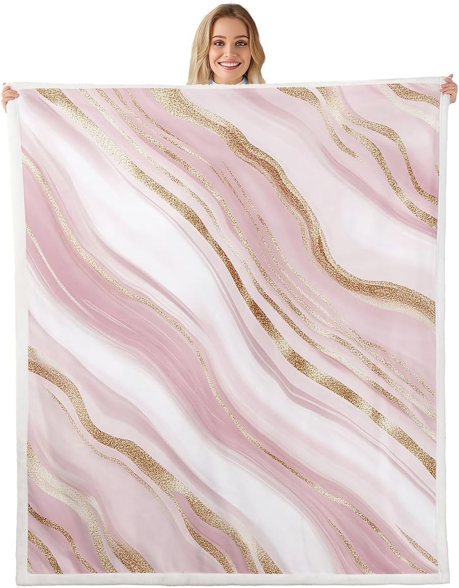 Marble Plush Bed Blanket,Bronzing Glitter Throw Blanket Queen Size For Kids Girls Teen Adult Women,Gold Pink Stone Grain Sherpa Blanket Abstract Geometric Stripes Flannel Fleece Blanket For Bed Couch