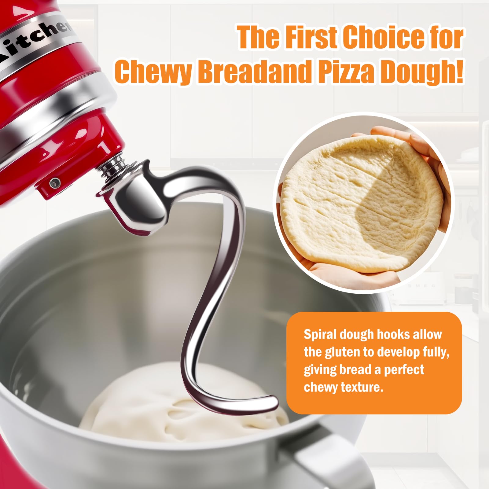 Spiralny hak do mieszania ze stali nierdzewnej, kompatybilny z blenderami Kitchen Aid o pojemności 4,5-5 litrów z odchylanym pokrywem, efektywne mieszanie, odporny na mycie w zmywarce
