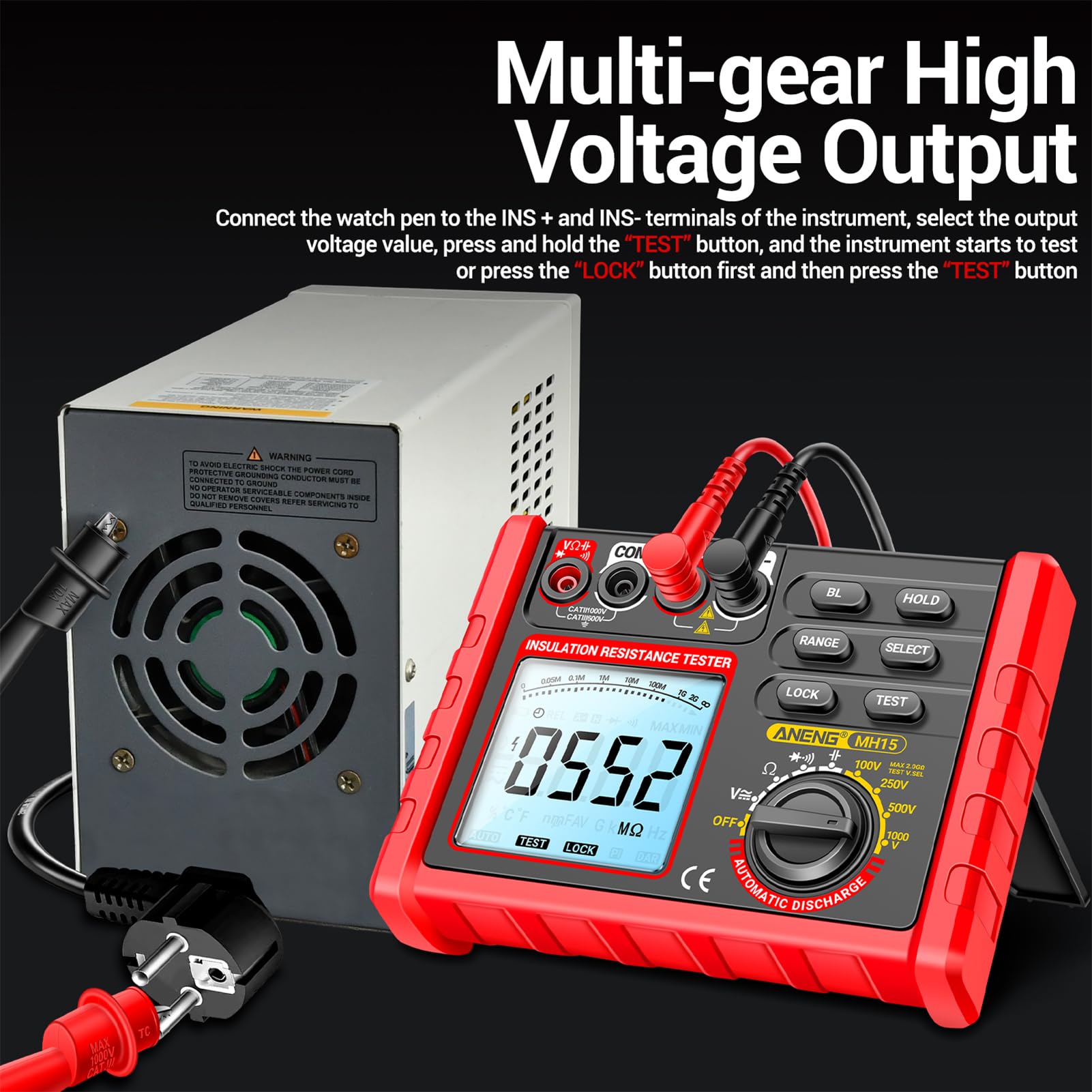 Insulation Tester, Digital Megohmmeter with 100V 250V 500V 1000V Test Voltage, 6000 Counts 0.1M ? 2000M ? Range DC AC Voltage Diode Tester with LCD Display