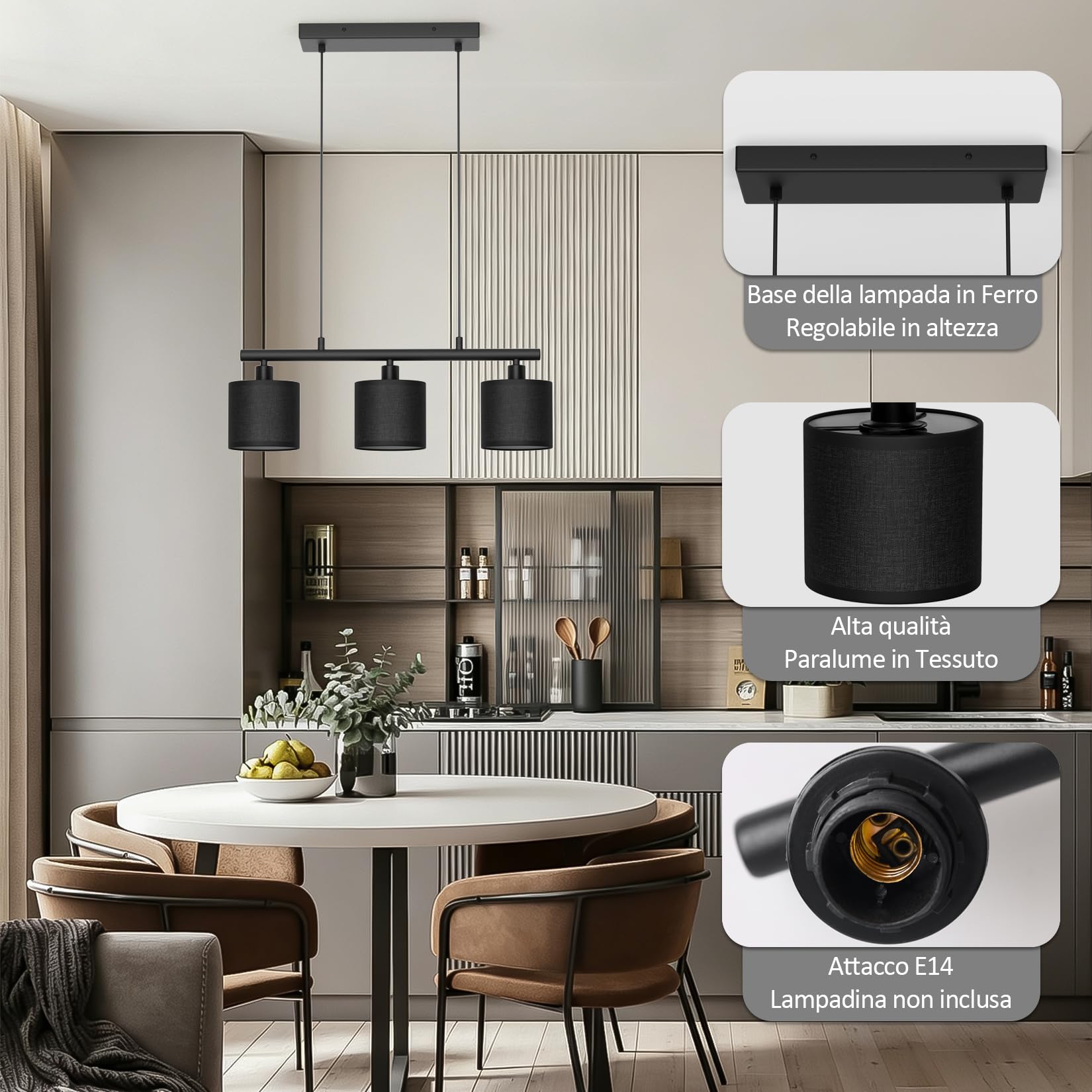 Klighten Lampada a Sospensione 3 Luci E14, Nero, Lampadina non Inclusa | Cilindro Paralume Tessuto, Altezza Regolabile, Lampadario a Sospensione Moderno per Soggiorno Cucina Tavolo da Pranzo
