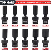 Vista 2 de TOMMARS 3/8" Drive Universal Swivel Impact Socket Set Deep, 6 Point Wobble Flexible Socket Set Metric 10-19 mm CR-MO Steel