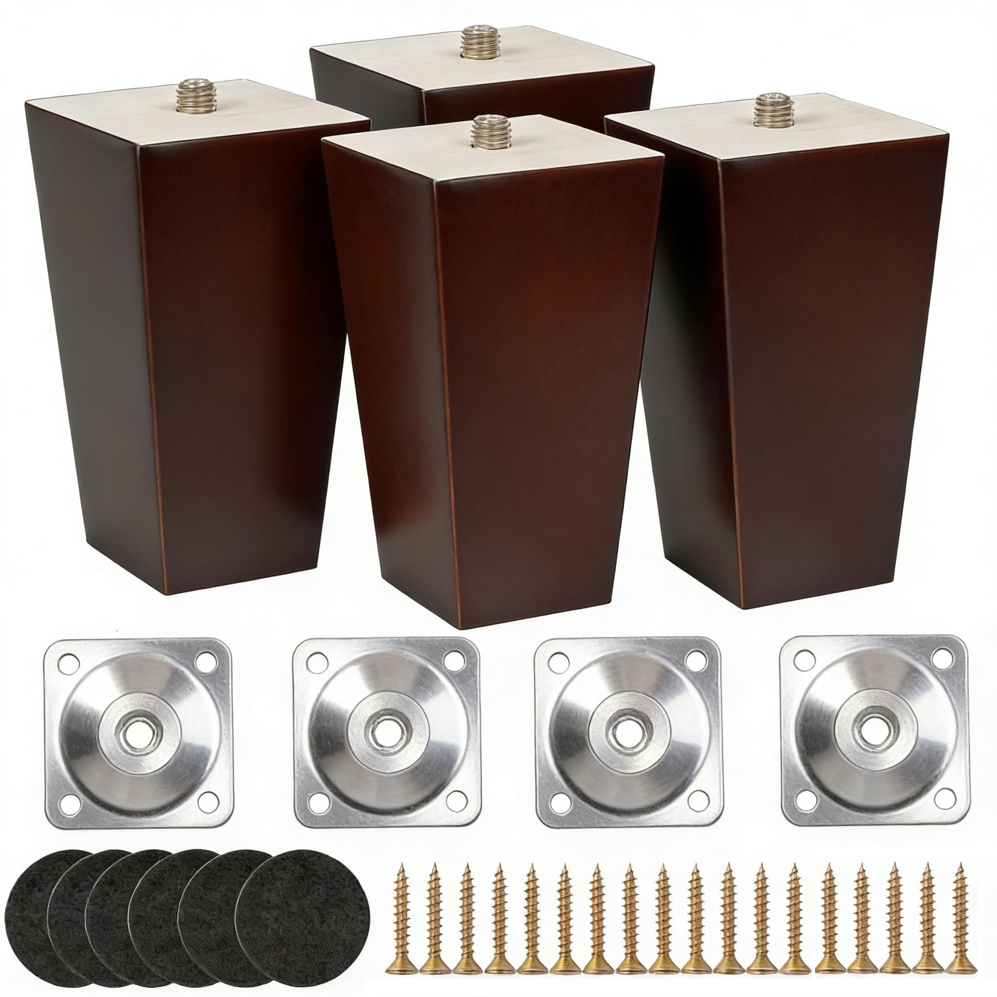 Minnhua 4PCS 12cm Sofa Legs Wooden Furniture Legs 5inch Sofa Feet Walnut Chair Legs Table Legs Furniture Replacement Feet with Mounting Plates Screws Non-Slip Mat for Chair Bed Couch Table TV Cabinet โ image 1