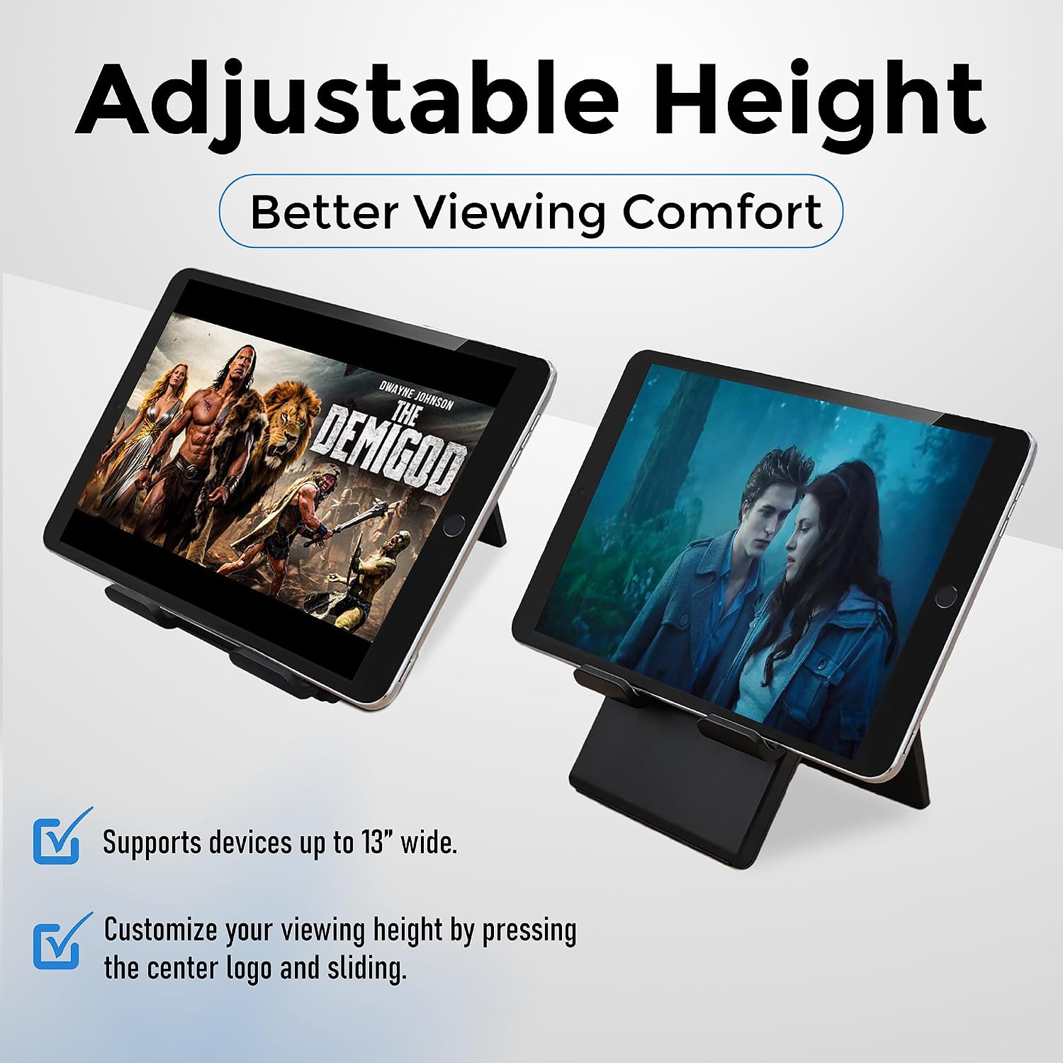 Tablet Stand, Adjustable Height, Phone Stand, Tablet and Phone Holder for Desk, Fits Tablets up to 13", Charging Slot, Foldable, Silicone Padding, Compatible with iPad/iPhone/Kindle