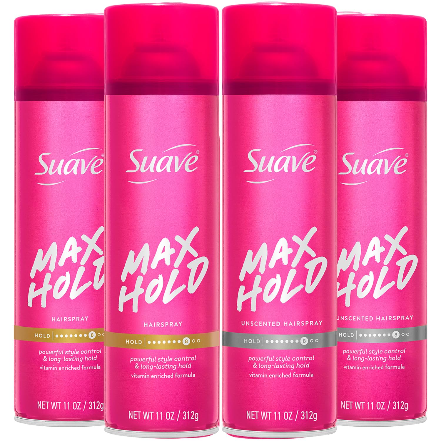Suave Hairspray, Max Hold Variety 4-Pack – Scented + Unscented Hairsprays, 11 Oz Ea