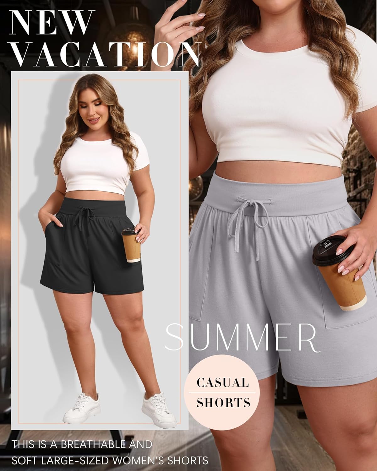 3 Pack Women's Plus Size Shorts, Drawstring Sweat Shorts Loose Lounge Running Athletic Shorts with Pockets - Image 6