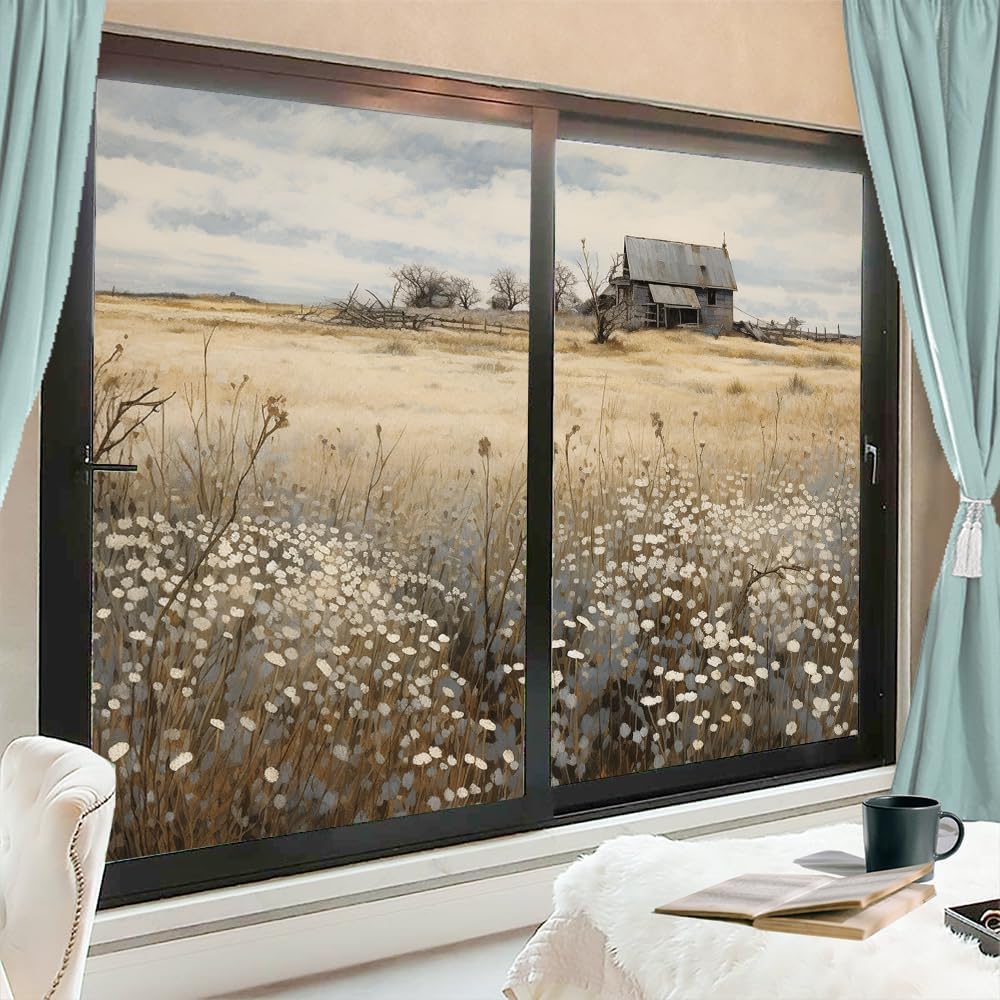 Farm Landscape Window Film Heat Blocking Wild Nature Daisies Nature Barn Abstract Privacy Window Decor Glass Door Covering Self-Adhesive Window Film for Bathroom Kitchen 35.4Wx55.1L-inch x2 Pcs