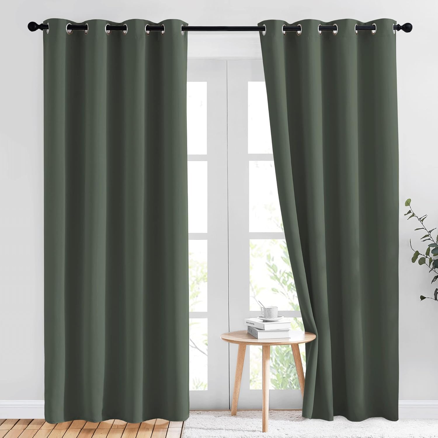 NICETOWN 1 Panel 46" x 63" Tie up Curtain with 2 Panles 52" x 84" Gromemt Blackout Curtains for Living Room Thermal Insulated Window Shade for Bedroom, Dark Mallard