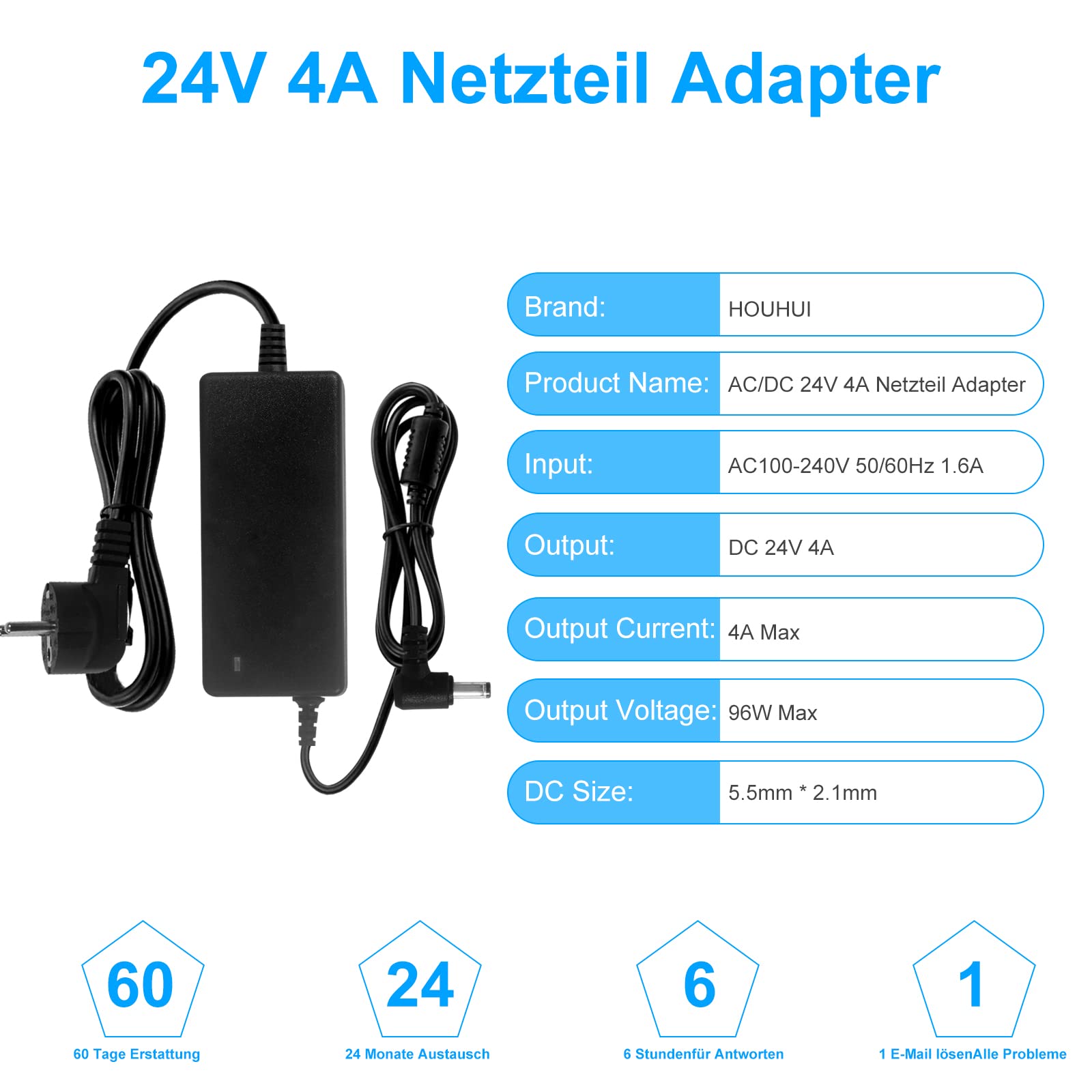 24V 4A Netzteil Adapter, AC 100-240V~50/60hz bis DC 24 Volt 4 Amp 96W Stromversorgung für LED Streifen, TVs DVD LCD Monitor Funkgerät Kamera - Euro Stecker 5,5 * 2,5/2,1mm