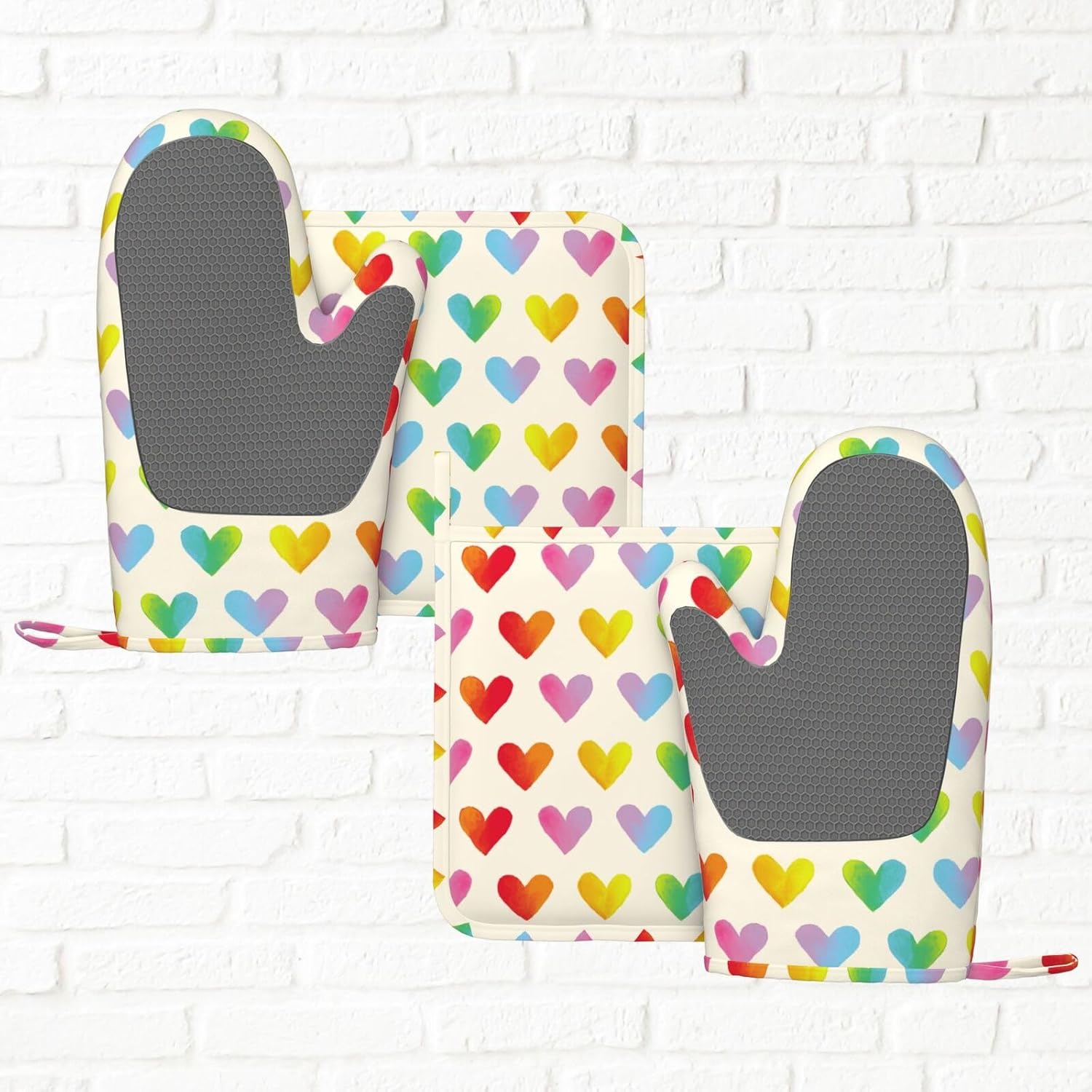 Rainbow Heart Vintage Love Oven Mitts and Pot Holders Set of 4 Silicone Heat Resistant Oven Mitten Potholders Non Slip Gloves Kitchen Decor for BBQ Cooking Grilling Baking
