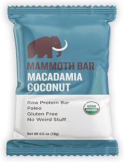Mammoth Bar Macadamia Coconut Mini Bar - Mini Organic Snack Bar Packed with 4g Protein. Made with Premium Macadamia Nuts & Egg White Protein. Paleo • Gluten Free • GMO Free • Raw - 16 Mini Bars