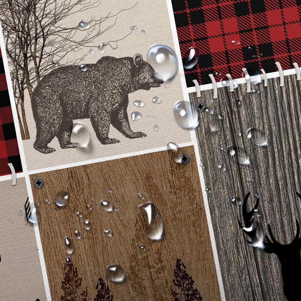 Rustic Cabin Bear Deer Shower Curtain, Country Red Plaid Shower Curtain Set for Bathroom, Farmhouse Forest Nature Fabric Shower Curtain Restroom Bathtub Decor Accessories with Hooks 69X 84 inch
