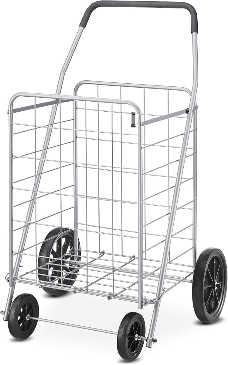 Whitmor Deluxe Utility Foldable Shopping Cart with Wheels, 100 Lb Capacity, Heavy Duty Grocery Cart with Steel Frame, Foam Handle, Rolling Folding Utility Trolley for Grocery, Laundry, Travel, Gray