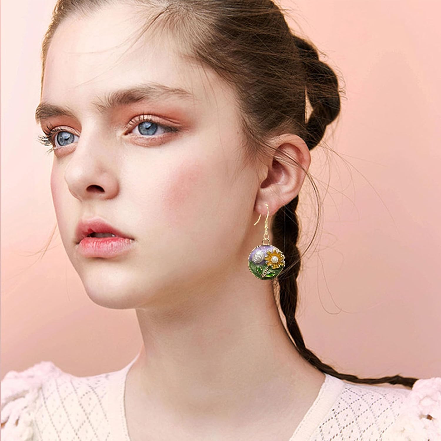 Vintage Enamel Pearl Flower Earrings for Women Circle Oil Painting Flower Pearl Drop Dangle Earrings - Image 3