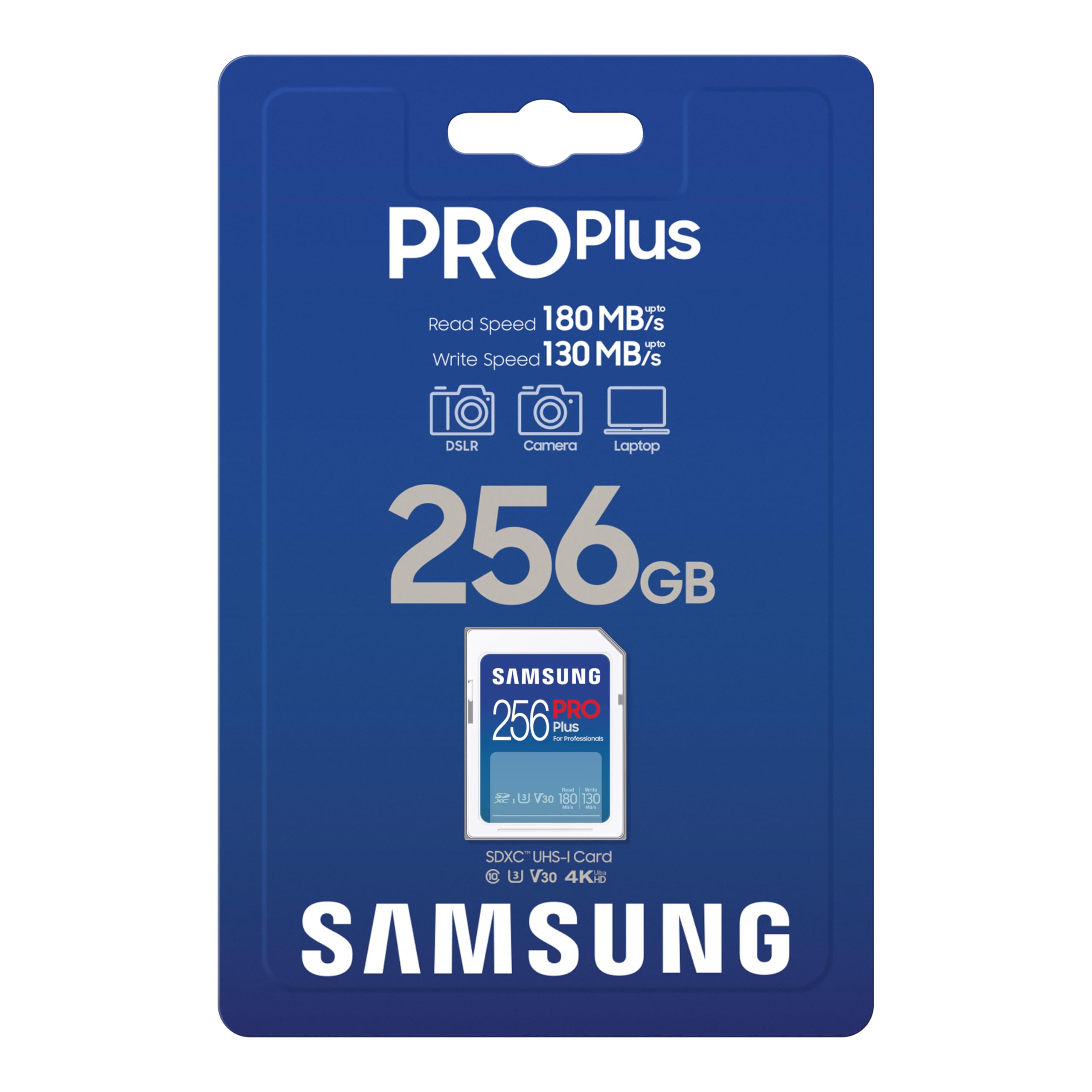 Samsung PRO Plus Carte mémoire SD (MB-SD256S/EU), 256 Go, UHS-I U3, Full HD et 4K UHD, 180 Mo/s en Lecture et 130 Mo/s en écriture