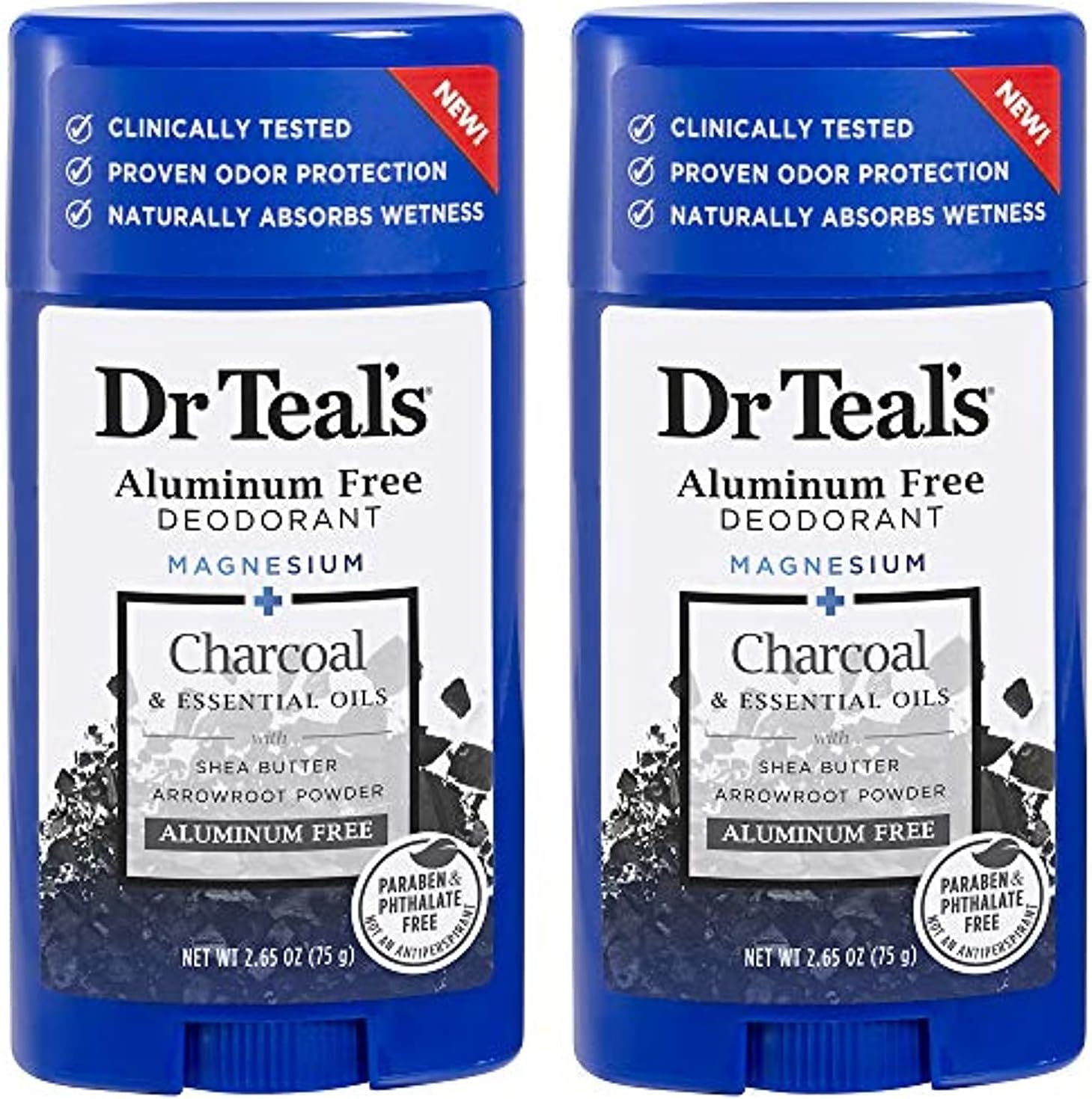 Dr Teal's Aluminum Free Deodorant Charcoal Paraben & Phthalate Free 2.65 oz Pack of 2