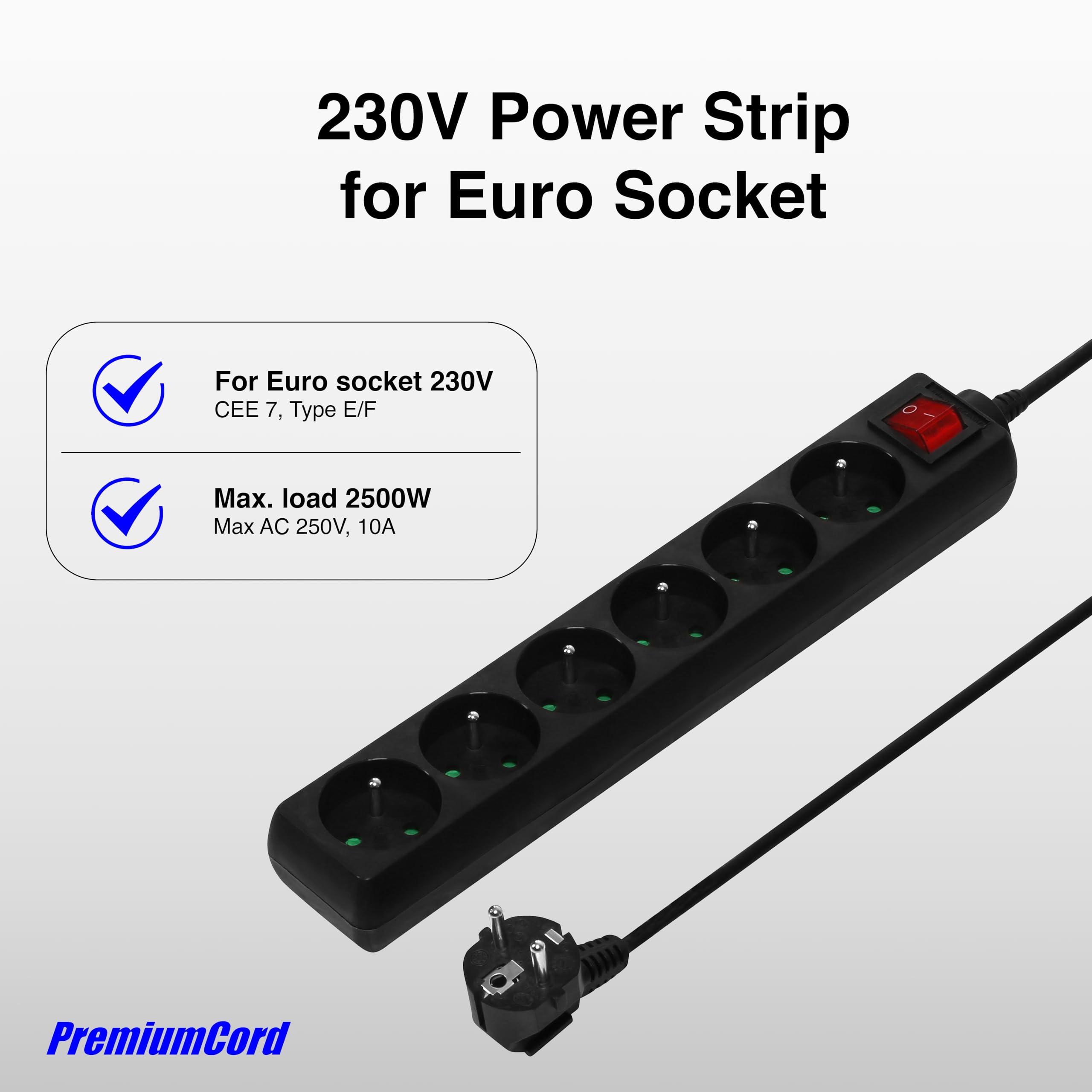 PremiumCord 230 V, 6 gniazd z przełącznikiem, przedłużacz 230 V, francuskie gniazda obracane o 45°, wysokiej jakości gniazdo wielofunkcyjne z zabezpieczeniem przed dziećmi, czarne, 2 m