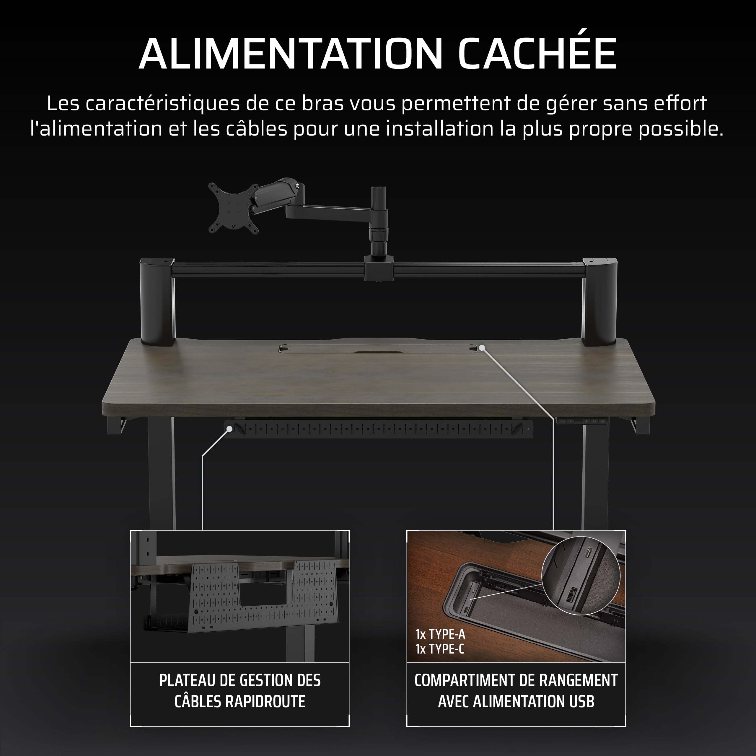 CORSAIR Platform:4 Elevate – 120 cm x 76 cm, Hauteur Réglable, Bureau d'ordinateur Électrique Debout Home Office Gaming Desk, Bras d’écran Inclus – Teinture de Noyer Foncé