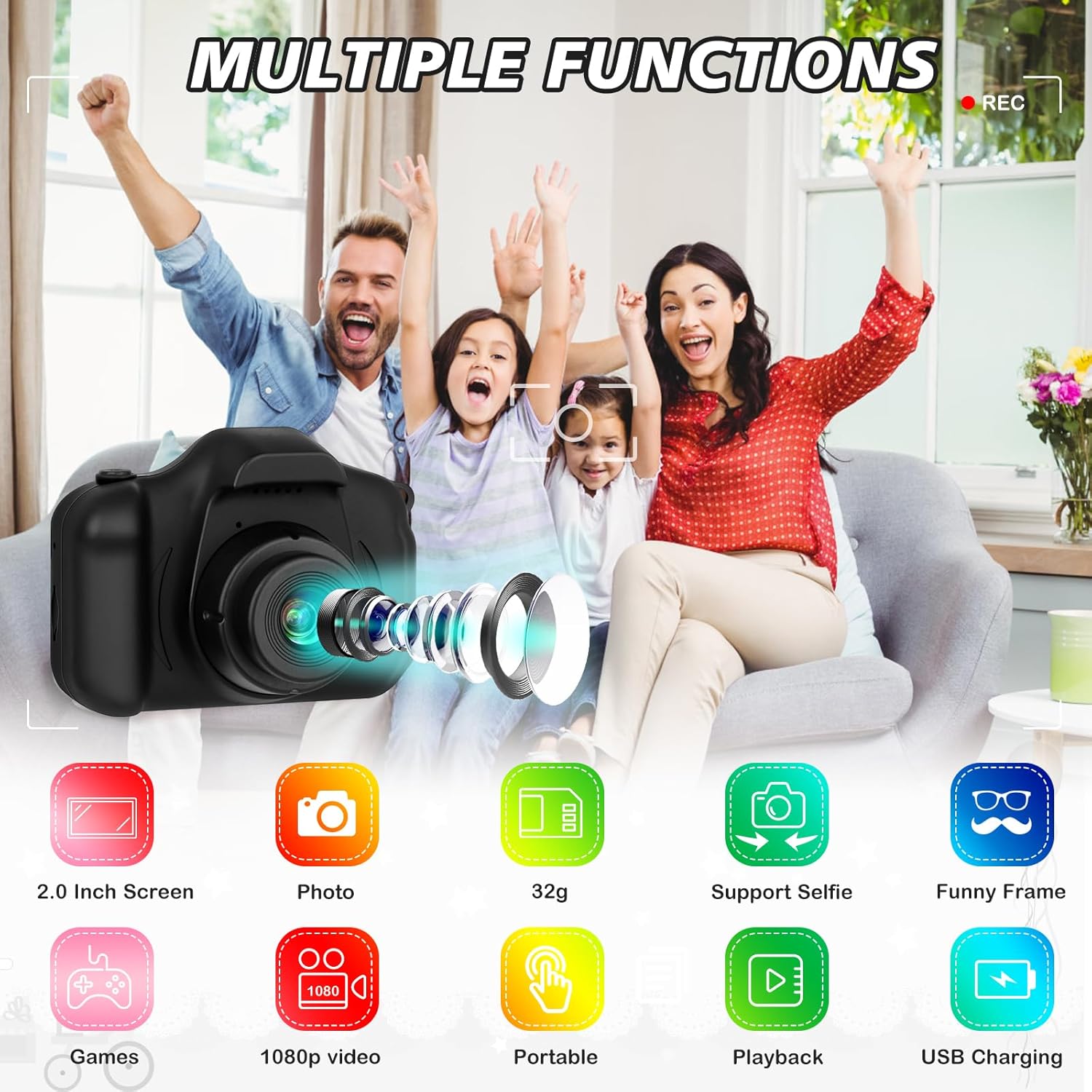 Upgrade Kids Selfie Camera, Kids Camera Toys for 5-7 Year Old Girls Boys, Toddler Camera Christmas Birthday Gifts for Kid, HD Digital Video Cameras with 32GB SD Card, Black