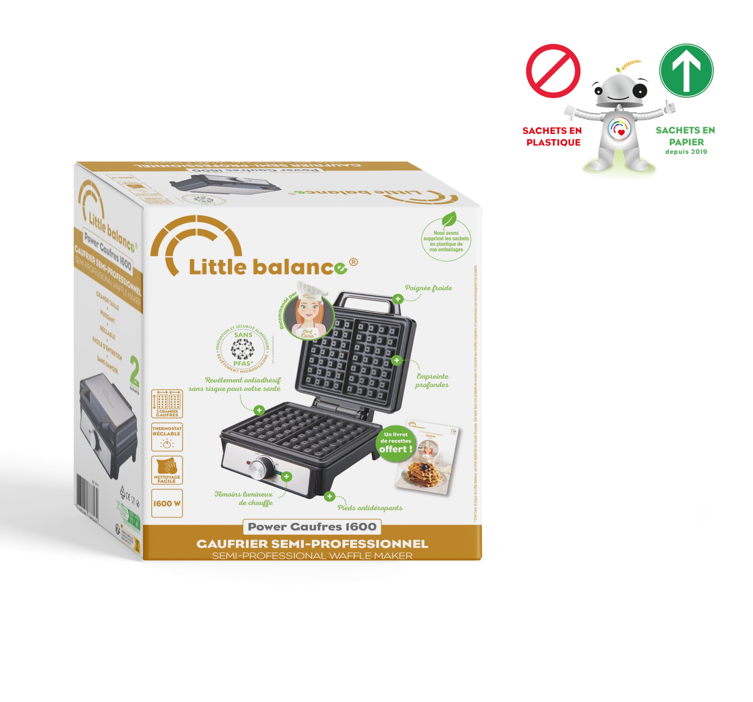 LITTLE BALANCE 8816 Power Gaufres 1600, Gaufrier électrique, Plaques anti adhésives, Sans PFAS, Véritable gaufre liégeoise, épaisse, moelleuse et croustillante, Poignée froide, 1600 W, Noir