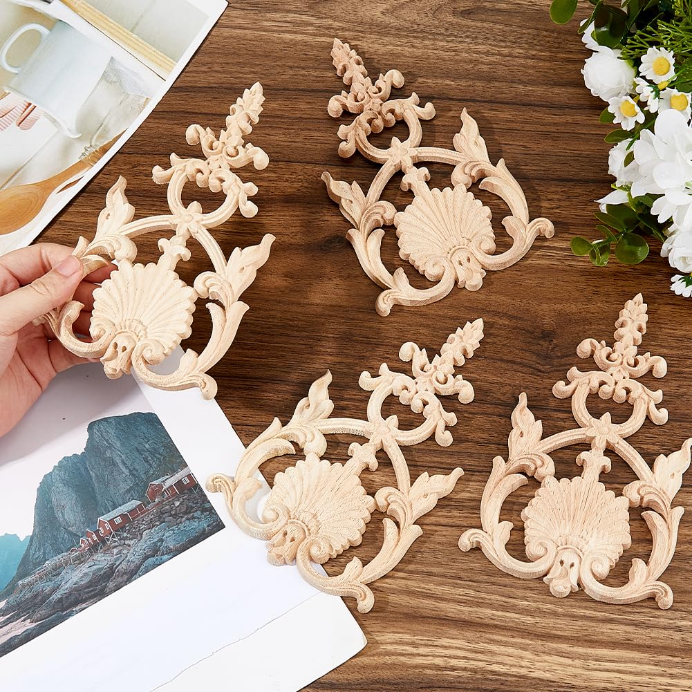 SUPERFINDINGS 4PCS Carved Wood Appliques Onlays Wooden DIY Applique and Onlays Unpainted Wooden Onlay Wood Carving Appliques for Furniture Cabinet Dresser Bed Wall - Image 3