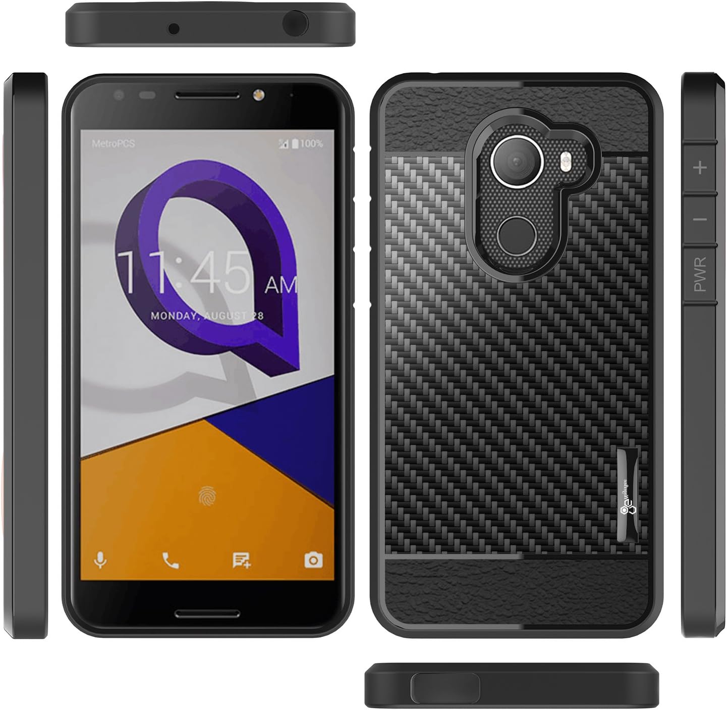 T-Mobile REVVL Case with Tempered Glass Screen Protector, Alcatel Walters /A30 Fierce (MetroPCS) /A30 Plus 5.5'', NageBee Carbon Fiber Ultra Slim Thin Soft TPU Protective Cover Case -Black