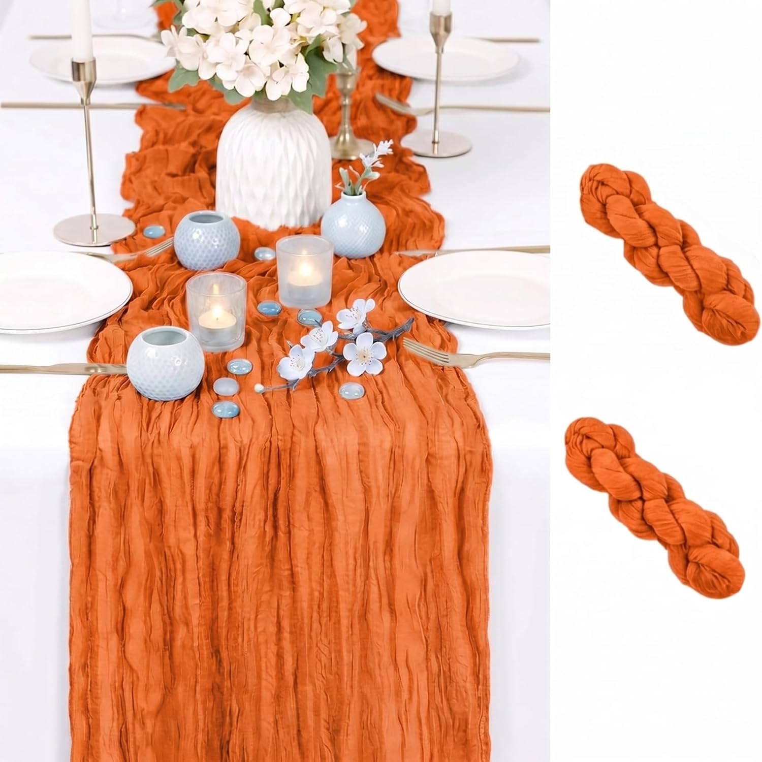 2 Pack Orange Cheesecloth Table Runner 17x108 Inch Boho Rustic Semi Sheer Gauze Cheese Cloth Table Runner for Wedding Bridal Shower Baby Shower Party Farmhouse Dining Table Decor