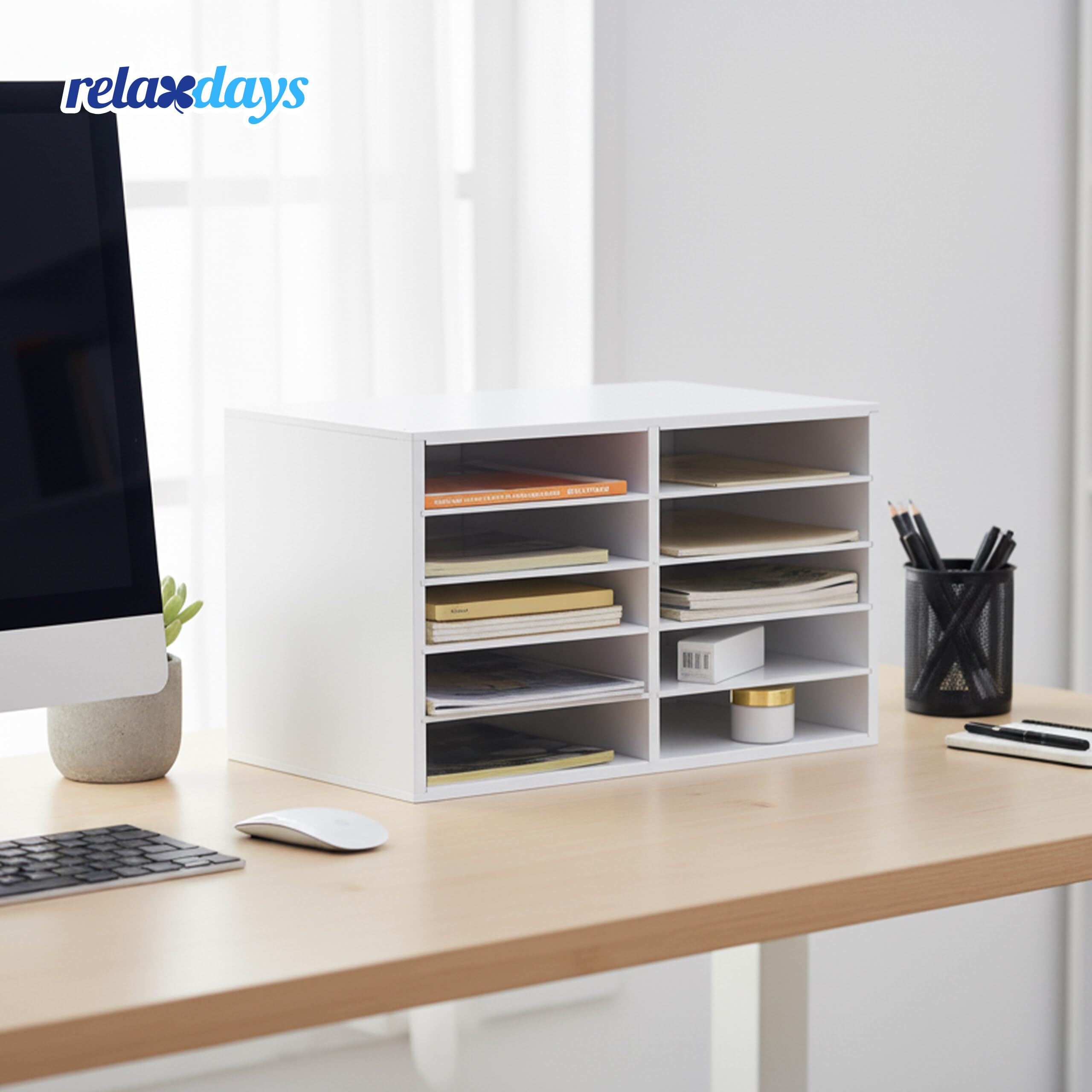 Relaxdays Dokumentenablage Bambus, DIN A4, 10 Fächer, Büro, Home Office, HxBxT 31x49x31 cm, Schreibtisch Organizer, weiß