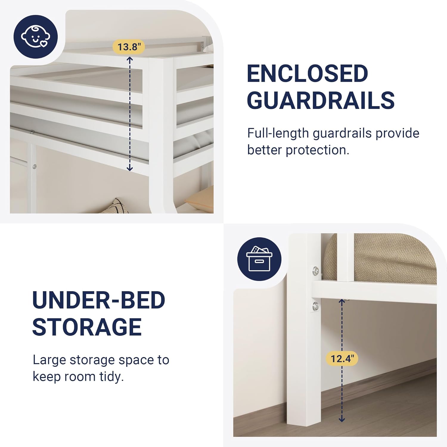 Allewie Metal Bunk Bed Twin Over Full Size for Junior & Adults with Ladder and Heavy Duty Guardrail, Small Space Saving Design for Bedroom Kid Room and Dorm, White