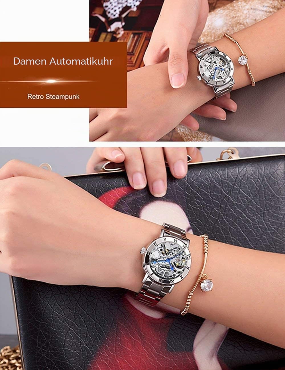 MASTOP Damenuhren Automatik Steampunk Selbstaufzug Mechanisches Silberarmband Damen Skelett Armbanduhr