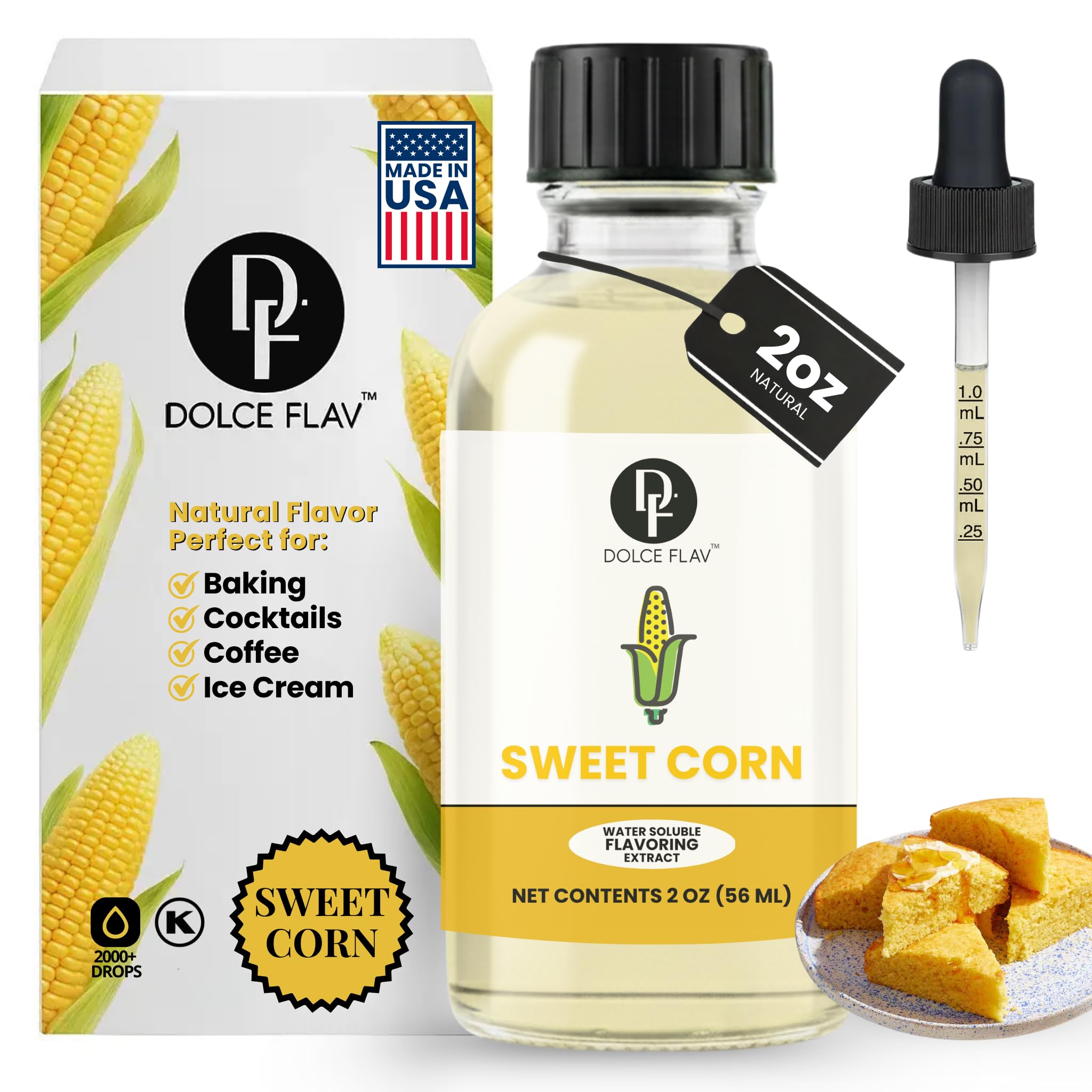 Dolce Flav Natural Sweet Corn Extract – 2 Ounce Water-Soluble Kosher, Sugar-Free, Concentrated Savory-Sweet Corn Flavor for Baking, Cornbread & Ice Cream, Includes Measured Dropper