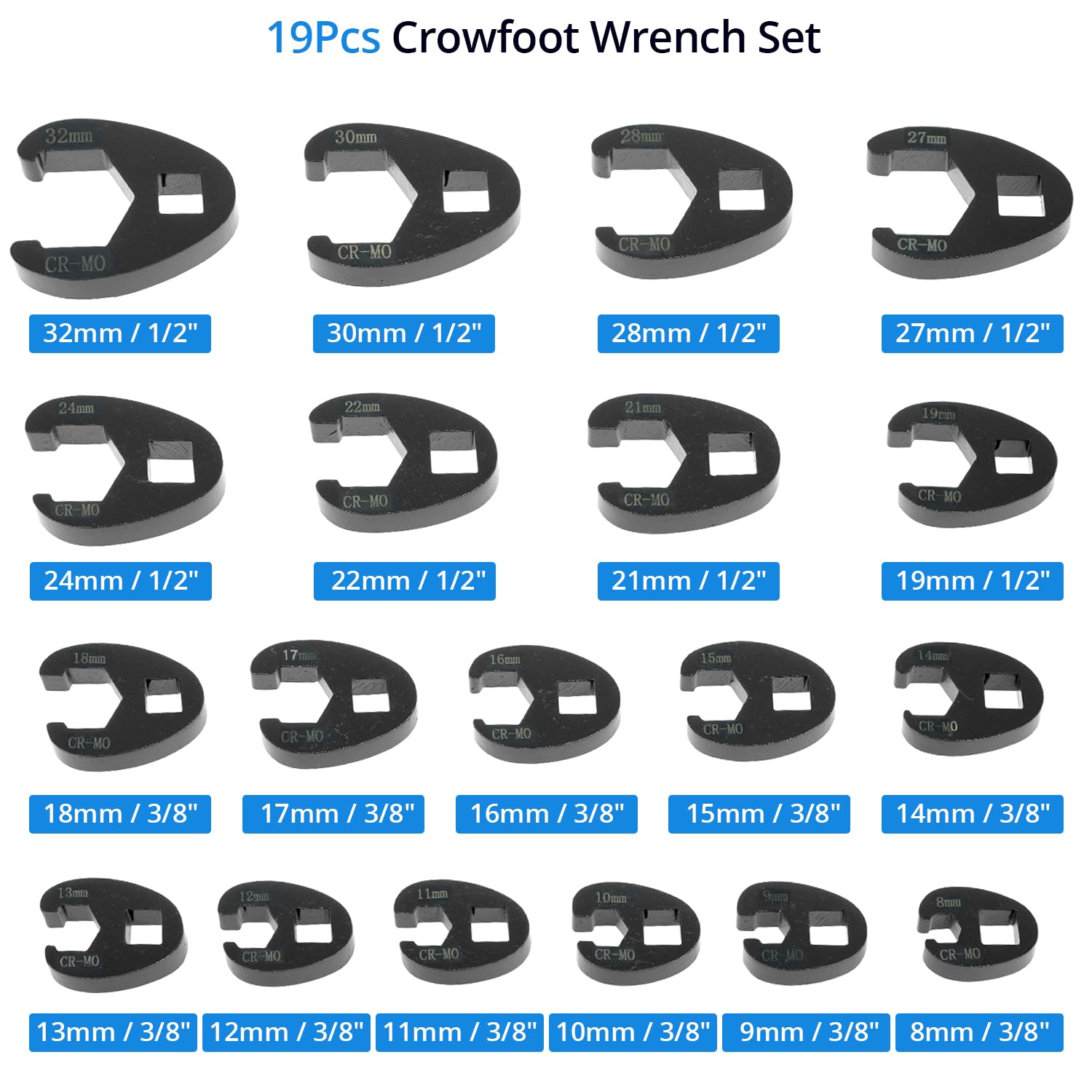 QWORK® 19 pezzi set di chiavi combinate crowfoot, attacco esterno quadrato 3/8" 1/2", chiavi metriche da 8-32mm in cromo molibdeno